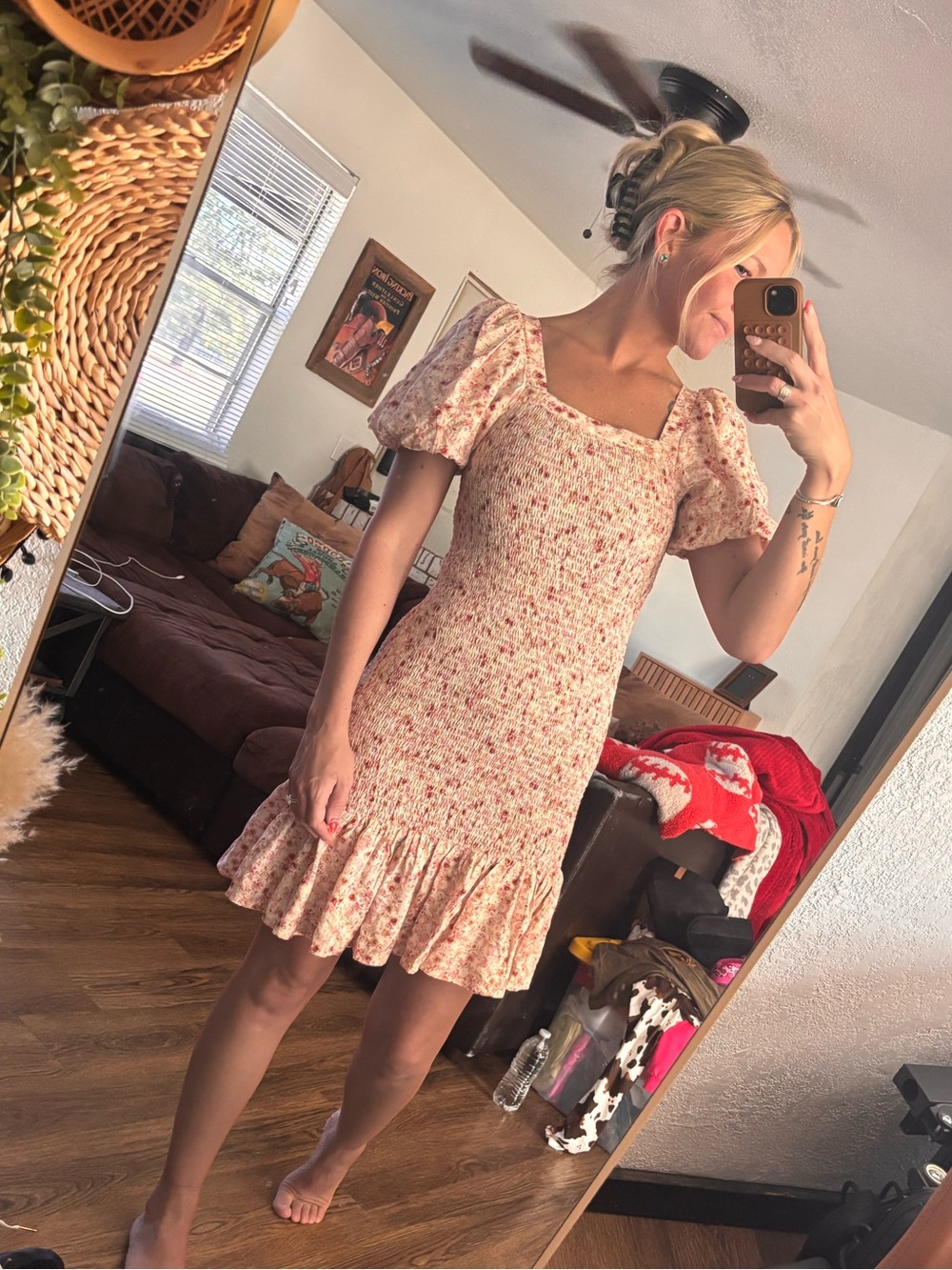 Smocked Pink Floral Puff-Sleeve women's Dress